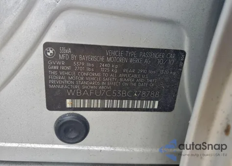 2011 BMW 535 Xi из США, поврежденный, VIN WBAFU7C53BC778788